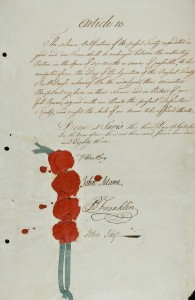 The Treaty of Paris, 1783, ended the American Revolution between the United States of America and Great Britain. The Treaty bears the signatures of John Adams and Benjamin Franklin, among others. Page 9 of 9. --- Image by © CORBIS