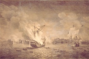 Siege of Louisbourg (1758): British burning warship Prudent and capturing Bienfaisant. Source - https://en.wikipedia.org/wiki/Siege_of_Louisbourg_(1758)