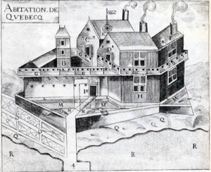 Champlain built the "habitation" which was part fort and part village in 1608 at the site of present-day Québec City (courtesy John Ross Robertson Coll/Metropolitan Toronto Library). http://www.thecanadianencyclopedia.ca/en/article/champlain-and-the-founding-of-quebec-feature/