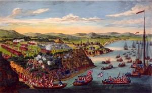 This 1797 engraving is based on a sketch made by Hervey Smyth, General Wolfe's aide-de-camp during the siege of Quebec. A view of the taking of Quebec, 13th September 1759. Source