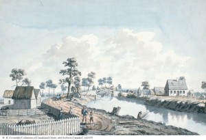 This painting by James Peachy is called "A View of the Bridge over the Berthier River, 1785." Source