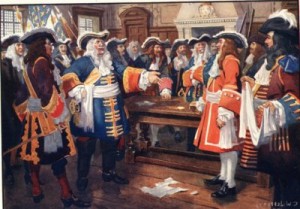 The Governor Frontenac meets the Governor of the Colony of Massachusetts Bay , at the Battle of Quebec in 1690 . Source